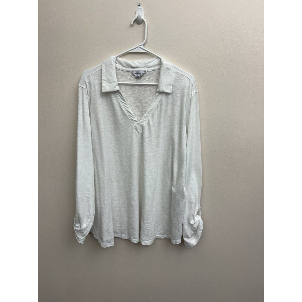 Liz Claiborne Women Blouse White V Neck 3XL Roll Tab Sleeve Pullover Semi- Sheer